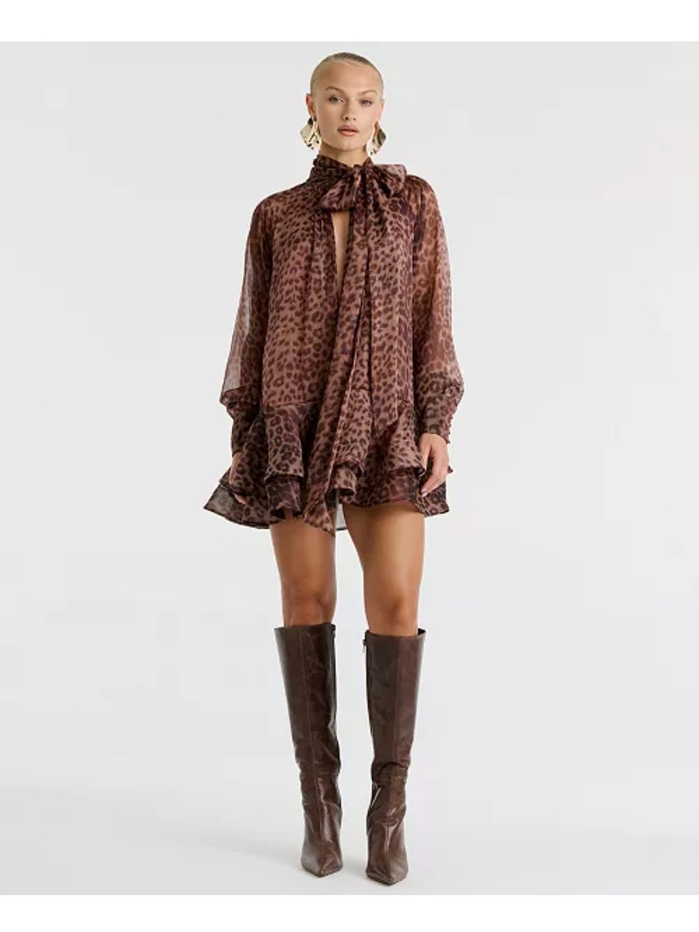 Bardot Brown Leopard Tie-Neck Ruffle Mini Dress